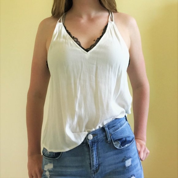 Mustard Seed Tops - Sheer White Strappy Tank w Black Lace